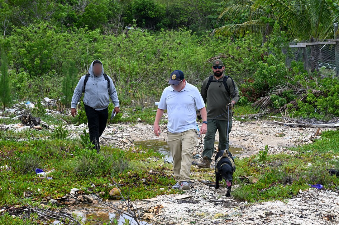 CGIS Investigators, RBDF personnel and K-9 Maggie from Broward County Sheriff’s Office search for a missing person during a CGIS investigation in the Bahamas, Jun. 3, 2026. Search operations employed a range of specialized capabilities, including divers, remotely operated underwater vehicles, unmanned aerial systems, and a cadaver dog to thoroughly examine newly identified areas of interest. (U.S. Coast Guard photo by Petty Officer 1st Class Riley Perkofski)