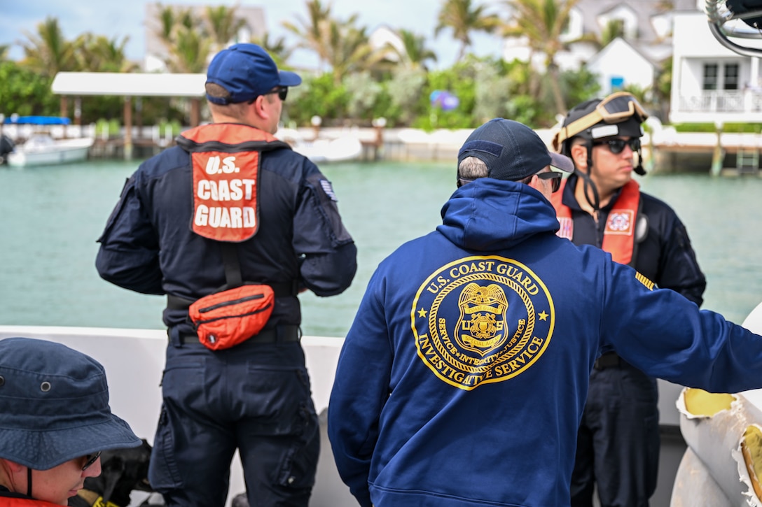 A USCGC Margaret Norvell (WPC-1105) boat crew and CGIS Investigators search for a missing person during a CGIS investigation in the Bahamas, Jun. 3, 2026. Search operations employed a range of specialized capabilities, including divers, remotely operated underwater vehicles, unmanned aerial systems, and a cadaver dog to thoroughly examine newly identified areas of interest. (U.S. Coast Guard photo by Petty Officer 1st Class Riley Perkofski)