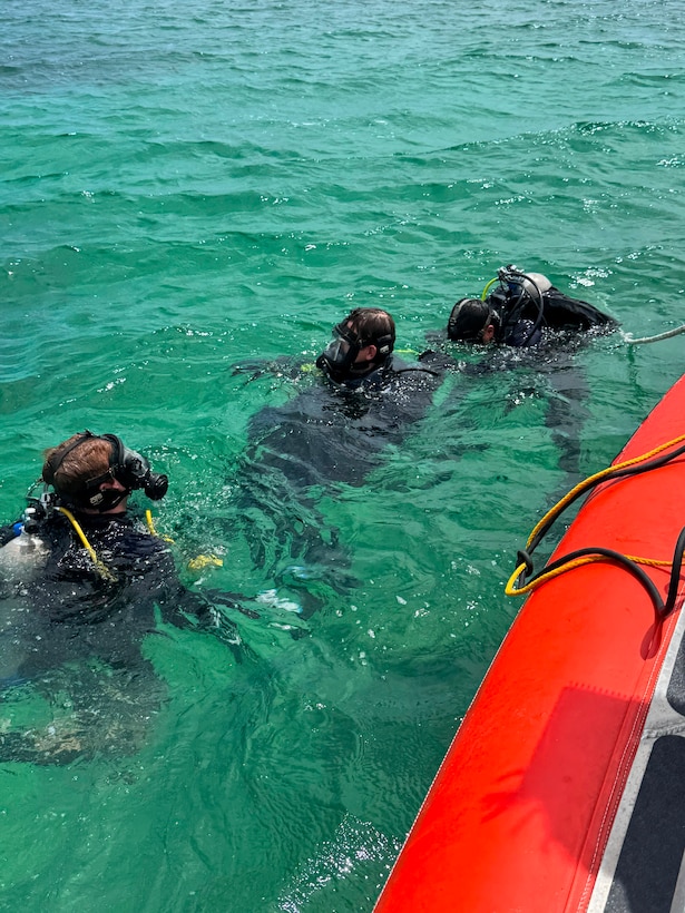 U.S. Coast Guard Divers search for a missing person during a CGIS investigation in the Bahamas, Jun. 3, 2026. The Coast Guard's efforts were supported by the Royal Bahamas Police Force, the Royal Bahamas Defence Force, and K-9 Maggie from the Broward County Sheriff's Office. Coast Guard units included the Coast Guard Cutter Margaret Norvell (WPC-1105), home ported in Miami, Florida, and Coast Guard divers. (U.S. Coast Guard photo by Petty Officer 1st Class Riley Perkofski)