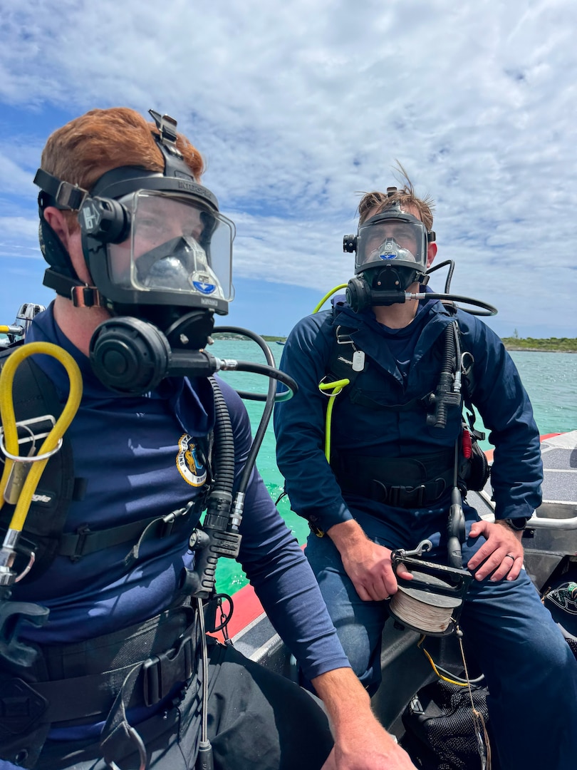 U.S. Coast Guard Divers search for a missing person during a CGIS investigation in the Bahamas, Jun. 3, 2026. The Coast Guard's efforts were supported by the Royal Bahamas Police Force, the Royal Bahamas Defence Force, and K-9 Maggie from the Broward County Sheriff's Office. Coast Guard units included the Coast Guard Cutter Margaret Norvell (WPC-1105), home ported in Miami, Florida, and Coast Guard divers. (U.S. Coast Guard photo by Chief Warrant Officer Adam Harris)