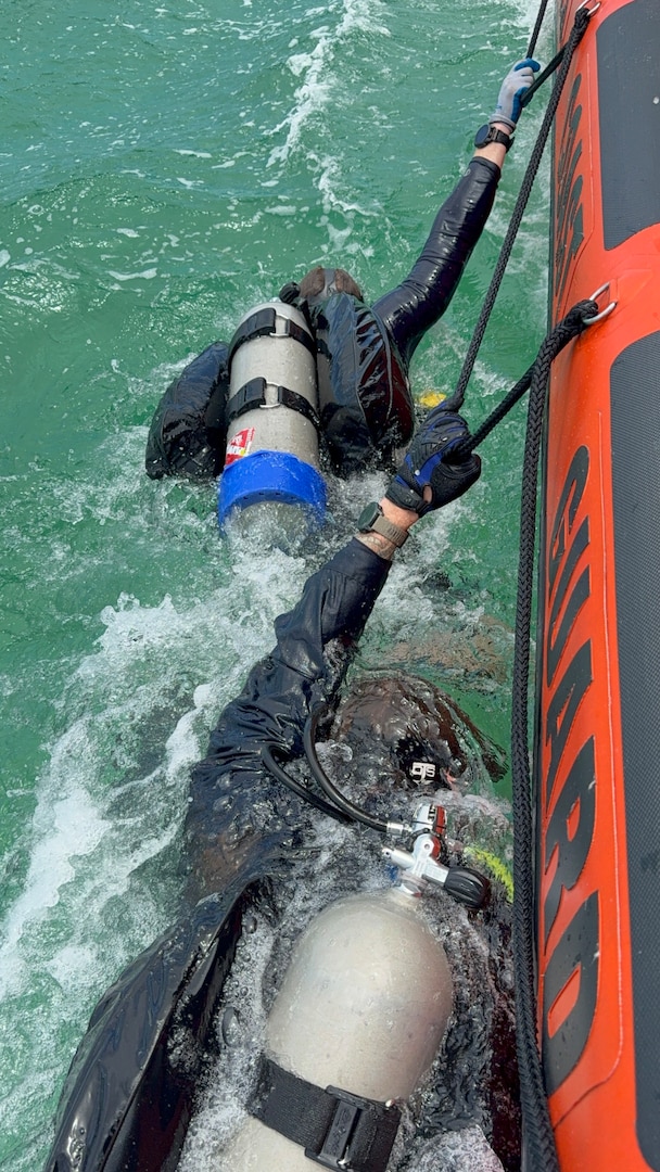 U.S. Coast Guard Divers search for a missing person during a CGIS investigation in the Bahamas, Jun. 3, 2026. The Coast Guard's efforts were supported by the Royal Bahamas Police Force, the Royal Bahamas Defence Force, and K-9 Maggie from the Broward County Sheriff's Office. Coast Guard units included the Coast Guard Cutter Margaret Norvell (WPC-1105), home ported in Miami, Florida, and Coast Guard divers. (U.S. Coast Guard photo by Petty Officer 1st Class Riley Perkofski)