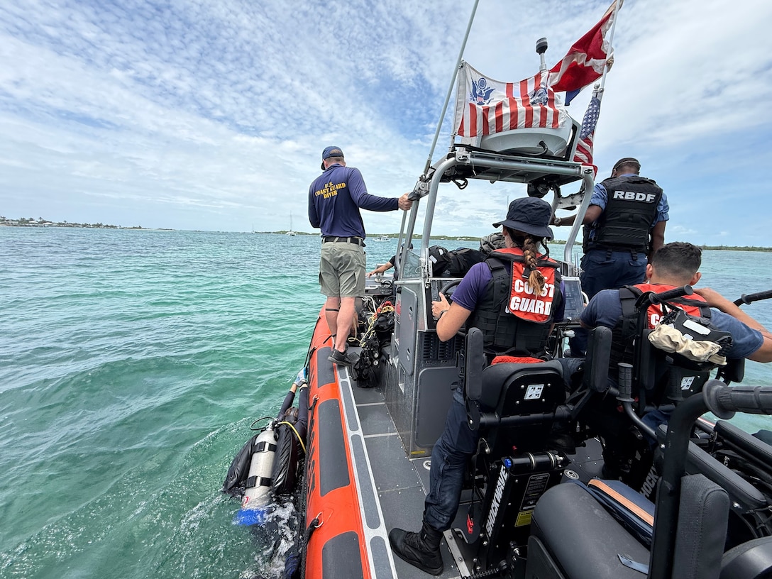 A USCGC Margaret Norvell (WPC-1105) boat crew and U.S. Coast Guard Divers search for a missing person during a CGIS investigation in the Bahamas, Jun. 3, 2026. The Coast Guard's efforts were supported by the Royal Bahamas Police Force, the Royal Bahamas Defence Force, and K-9 Maggie from the Broward County Sheriff's Office. Coast Guard units included the Coast Guard Cutter Margaret Norvell (WPC-1105), home ported in Miami, Florida, and Coast Guard divers. (U.S. Coast Guard photo by Petty Officer 1st Class Riley Perkofski)