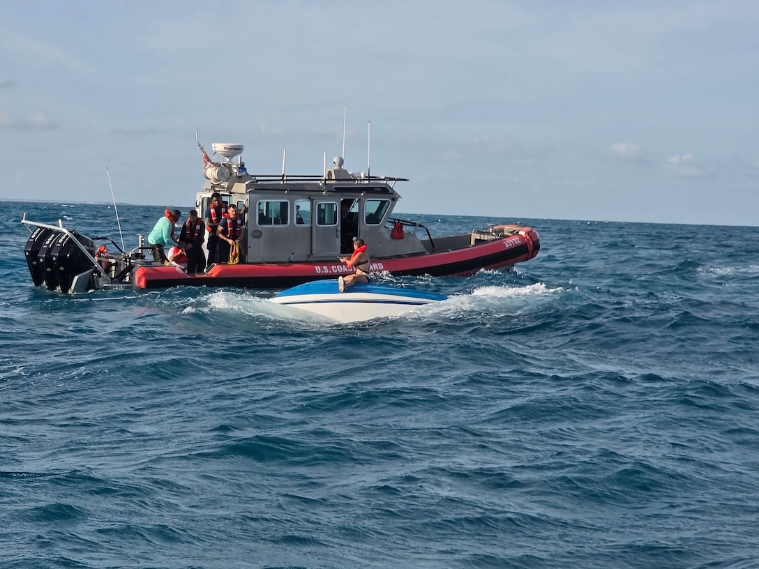 A Coast Guard Station Marathon boat crew rescued three boaters after their vessel capsized approximately 5 miles south of Little Palm Island in Little Torch Key, Florida, June 8, 2026. The boat crew transported the three boaters to Bahia Honda State Park with no injuries reported. (U.S. Coast Guard photo)