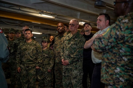 Members of the North American Maritime Security Initiative (NAMSI) tour Nimitz-class aircraft carrier USS Dwight D. Eisenhower (CVN 69), May. 19, 2026. The (NAMSI) is an interagency and trilateral maritime security initiative between U.S. Canada’s Joint Operations Command. Hosted by U.S. Naval Forces Northern Command, the 2026 Executive Meeting brings together key maritime forces to enhance collaboration and strengthen operational effectiveness between U.S., Canadian, and Mexican forces. (U.S. Navy photo by Mass Communication Specialist Seaman Apprentice Troy Washington III)