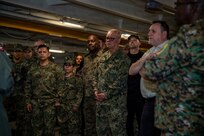 Members of the North American Maritime Security Initiative (NAMSI) tour Nimitz-class aircraft carrier USS Dwight D. Eisenhower (CVN 69), May. 19, 2026. The (NAMSI) is an interagency and trilateral maritime security initiative between U.S. Canada’s Joint Operations Command. Hosted by U.S. Naval Forces Northern Command, the 2026 Executive Meeting brings together key maritime forces to enhance collaboration and strengthen operational effectiveness between U.S., Canadian, and Mexican forces. (U.S. Navy photo by Mass Communication Specialist Seaman Apprentice Troy Washington III)