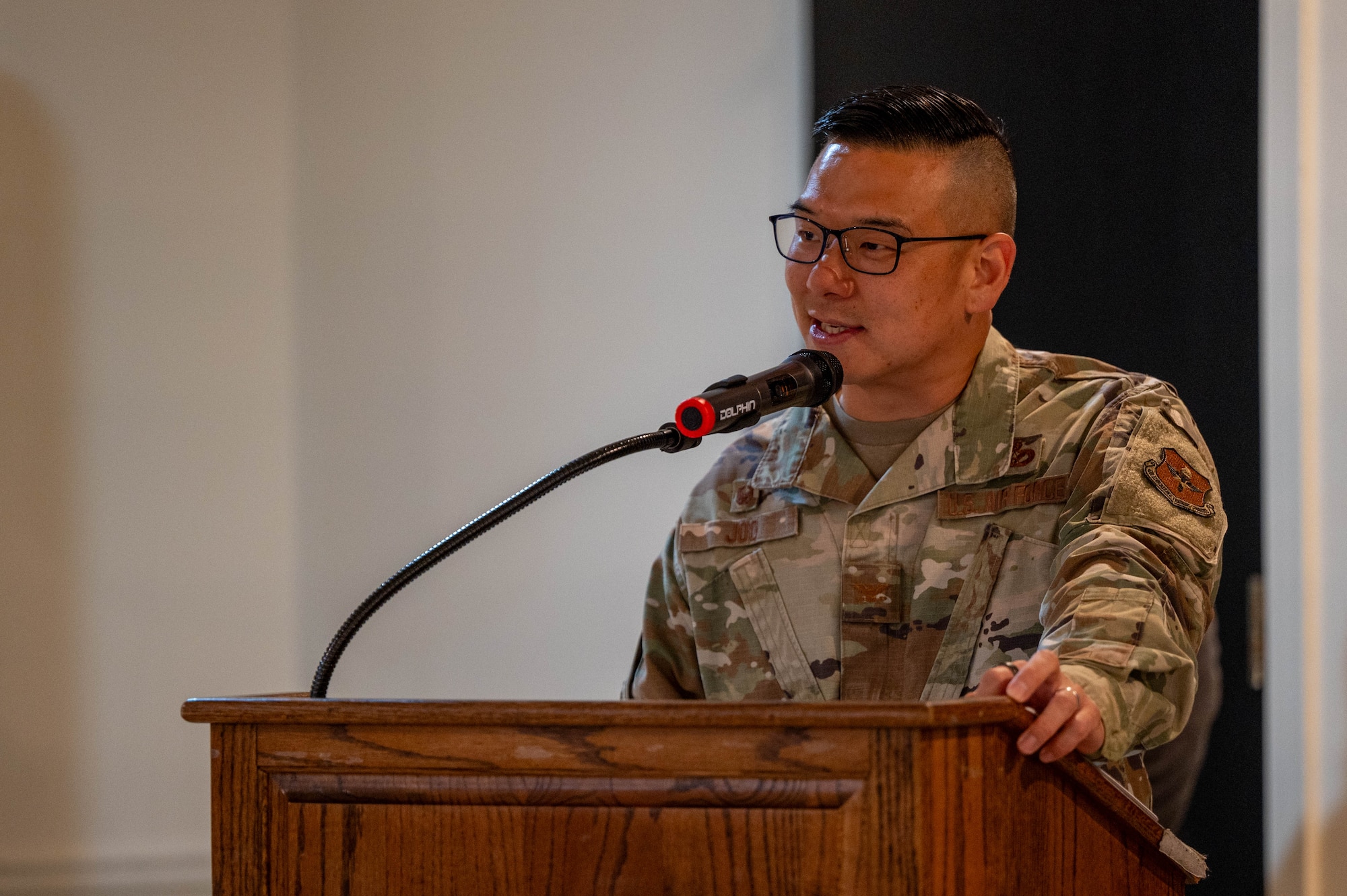Col. Peter Joo delivers remarks during the 47th Force Support Squadron assumption of command ceremony.