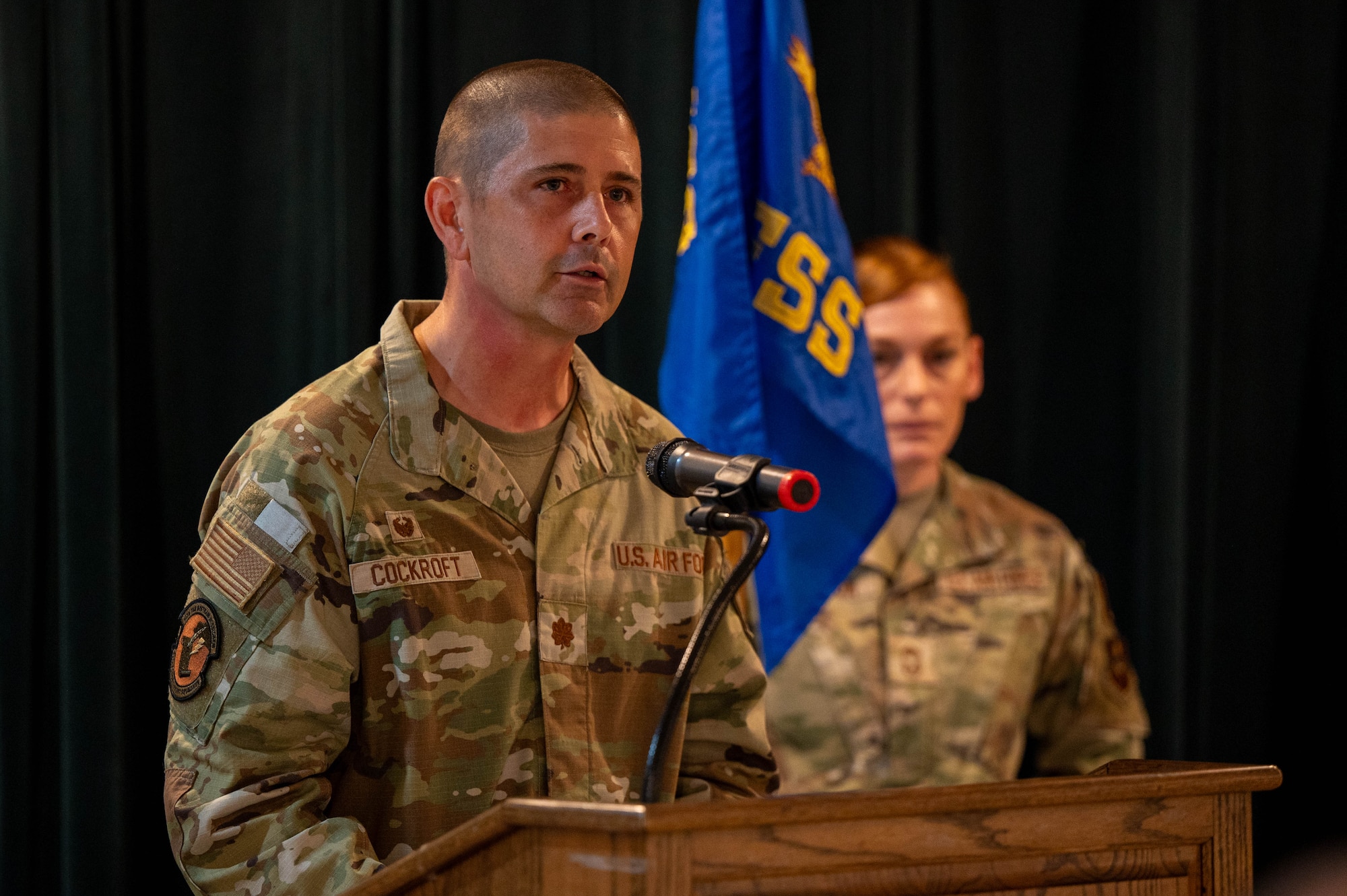 Maj. Brian Cockroft delivers remarks during the 47th FSS assumption of command ceremony.