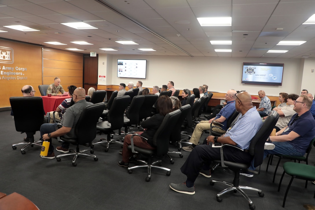 Col. Andrew Baker, USACE LA District commander, gives remarks to employees during the June 3 employee town hall in the LA District headquarters building.