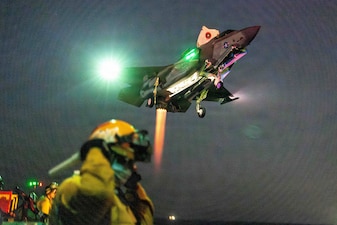 U.S. Marine Corps F-35B Lightning II assigned to Marine Fighter Attack Squadron (VMFA) 122, 11th Marine Expeditionary Unit, lands during flight operations aboard Wasp-class amphibious assault ship USS Boxer (LHD 4) in the South China Sea, June 2, 2026.