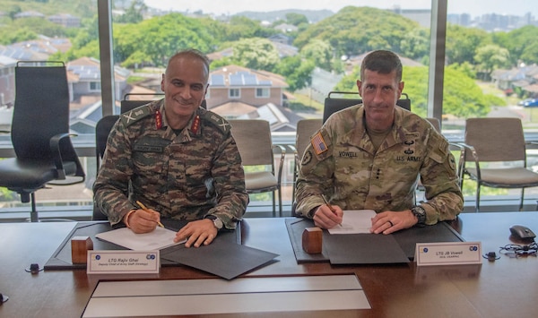 Indian Army Lt. Gen. Rajiv Ghai, Deputy Chief of Army Staff for Strategy, participated in the signing of the minutes with Lt. Gen. Joel Vowell, U.S. Army Pacific (USARPAC) deputy commanding general, at United States Army Pacific Headquarters, Fort Shafter, Hawaii, June 5, 2026.