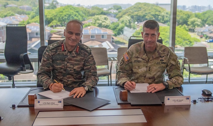 Indian Army Lt. Gen. Rajiv Ghai, Deputy Chief of Army Staff for Strategy, participated in the signing of the minutes with Lt. Gen. Joel Vowell, U.S. Army Pacific (USARPAC) deputy commanding general, at United States Army Pacific Headquarters, Fort Shafter, Hawaii, June 5, 2026.
