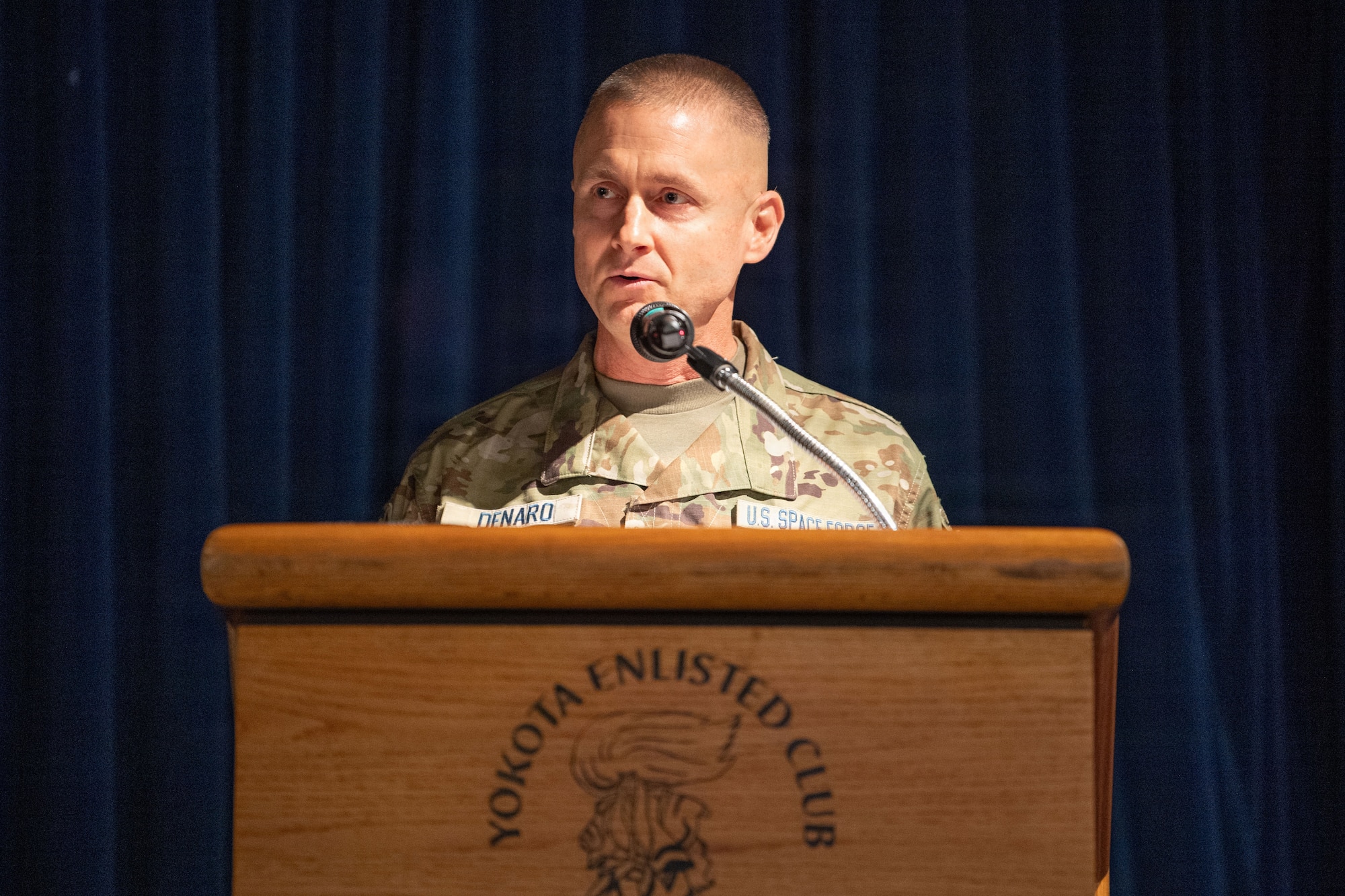 U.S. Space Force Brig. Gen. Brian Denaro, U.S. Space Forces - Indo-Pacific commander, speaks at the U.S. Space Forces - Japan change of command ceremony at Yokota Air Base, Japan, June 3, 2026.