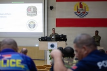 TAHITI, French Polynesia-- 1st Lt. Emma Barton, the platoon leader and officer in charge of the 962 Quartermaster Company mortuary affairs team at Marara 26, welcomes guest from multiple nations to an informative brief and demonstration of mortuary affairs capabilities in Tahiti, French Polynesia, June 6, 2026.