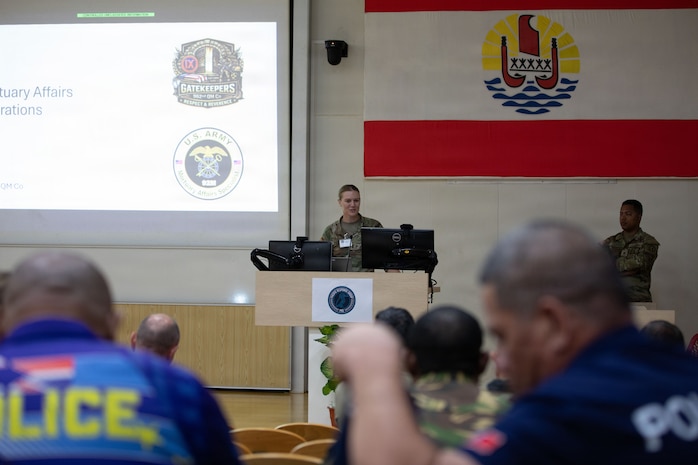 TAHITI, French Polynesia-- 1st Lt. Emma Barton, the platoon leader and officer in charge of the 962 Quartermaster Company mortuary affairs team at Marara 26, welcomes guest from multiple nations to an informative brief and demonstration of mortuary affairs capabilities in Tahiti, French Polynesia, June 6, 2026.