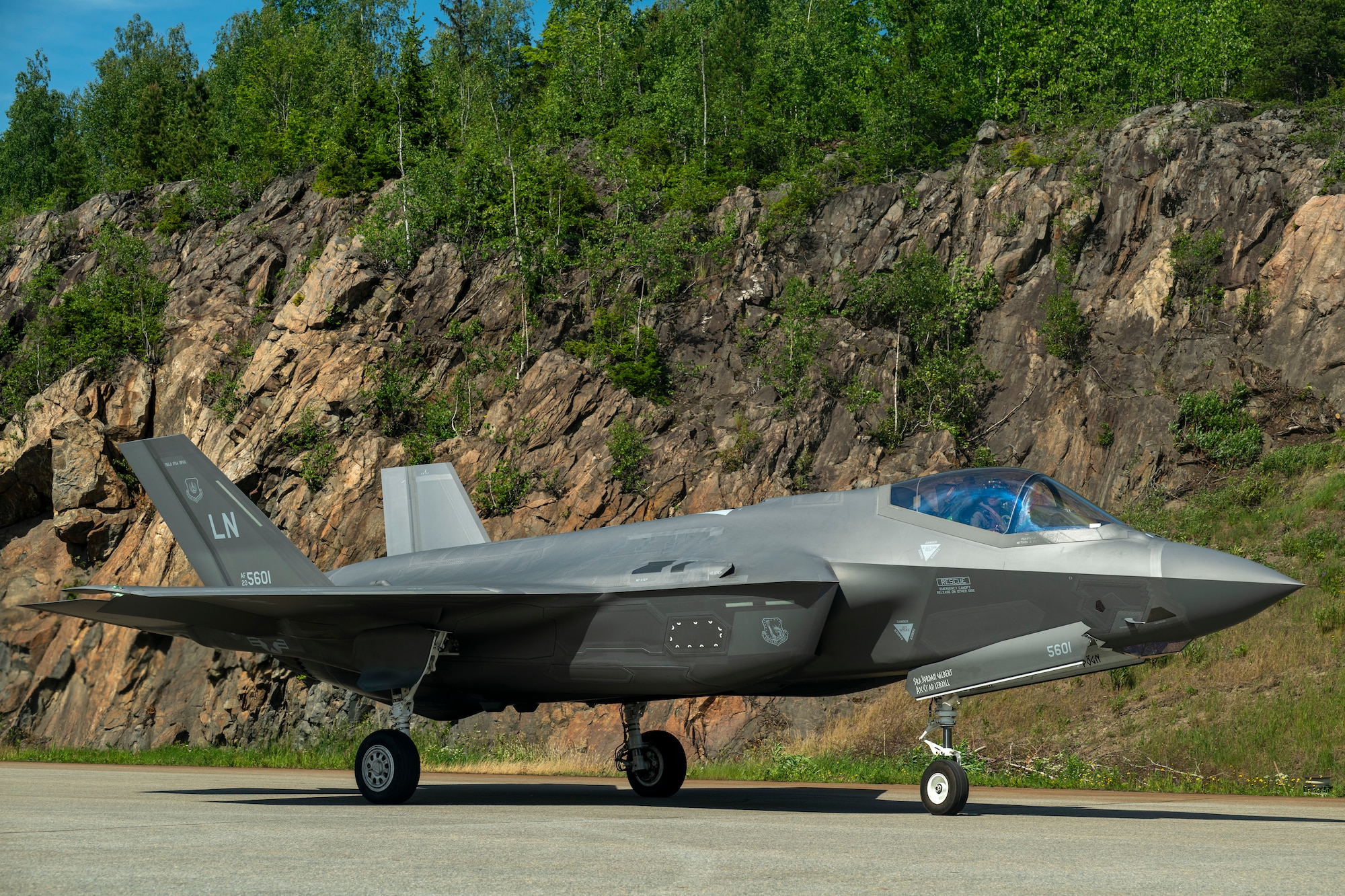 A U.S. Air Force F-35A Lightning II aircraft assigned to the 48th Fighter Wing taxis on the runway during Ramstein Flag 26 at Pirkkala Air Base, Finland, June 8, 2026. The exercise tests Allied Air Command's capability to orchestrate simultaneous, complex air movements across vast distances, spanning from the most northern part of Norway to the most southern part of Spain. (U.S. Air Force photo by Tech. Sgt. Christine Groening)