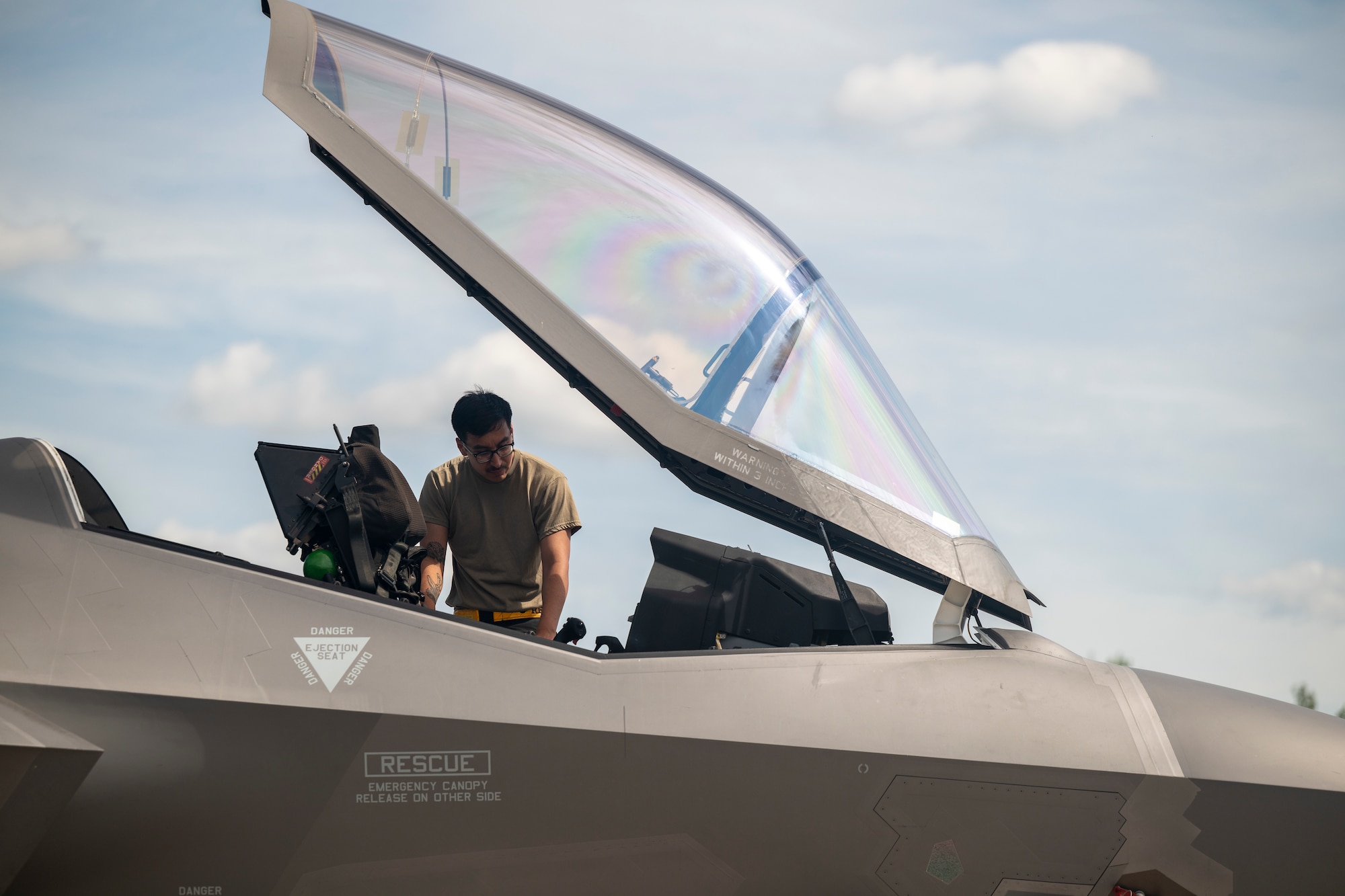 U.S. Air Force Airman 1st Class Edgar Rosas, 493rd Fighter Generation Squadron crew chief, conducts a postflight inspection on an F-35A Lightning II aircraft during Ramstein Flag 26 at Pirkkala Air Base, Finland, June 8, 2026. By executing Agile Combat Employment tactics, Allied forces demonstrate the ability to rapidly reposition and operate from multiple forward locations, increasing survivability and unpredictability. (U.S. Air Force photo by Tech. Sgt. Christine Groening)