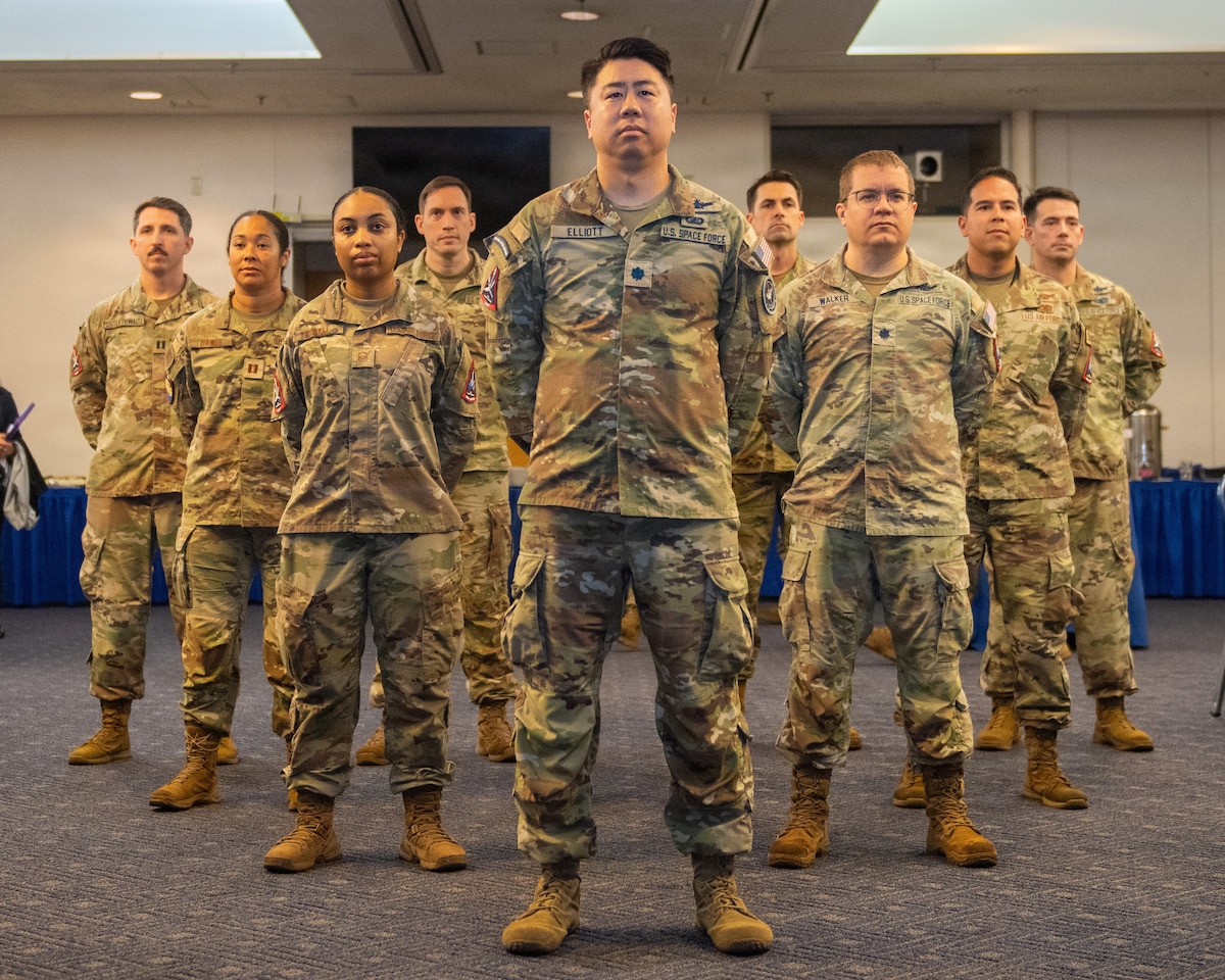 U.S. Space Force Guardians stand in a delta formation during the U.S. Space Forces - Japan change of command ceremony at Yokota Air Base, Japan, June 3, 2026