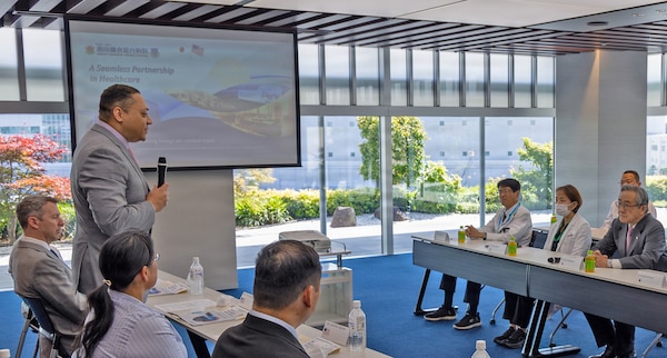 KAMAKURA, Japan (May 18, 2026) Capt. Torrin W. Velazquez, director of U.S. Naval Hospital (USNH) Yokosuka, speaks during a meeting with leaders from Shonan Kamakura General Hospital. The engagement focused on healthcare coordination, regional medical collaboration and strengthening professional relationships between USNH Yokosuka and host-nation healthcare partners. (U.S. Navy photo by Daniel Taylor/U.S. Naval Hospital Yokosuka