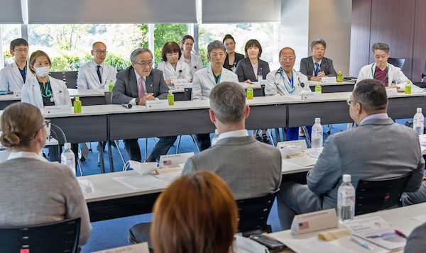 KAMAKURA, Japan (May 18, 2026) Dr. Shuzo Kobayashi, president and CEO of Shonan Kamakura General Hospital, addresses leaders from U.S. Naval Hospital (USNH) Yokosuka during a meeting. The engagement focused on healthcare coordination, regional medical collaboration and strengthening professional relationships between USNH Yokosuka and host-nation healthcare partners. (U.S. Navy photo by Daniel Taylor/U.S. Naval Hospital Yokosuka)