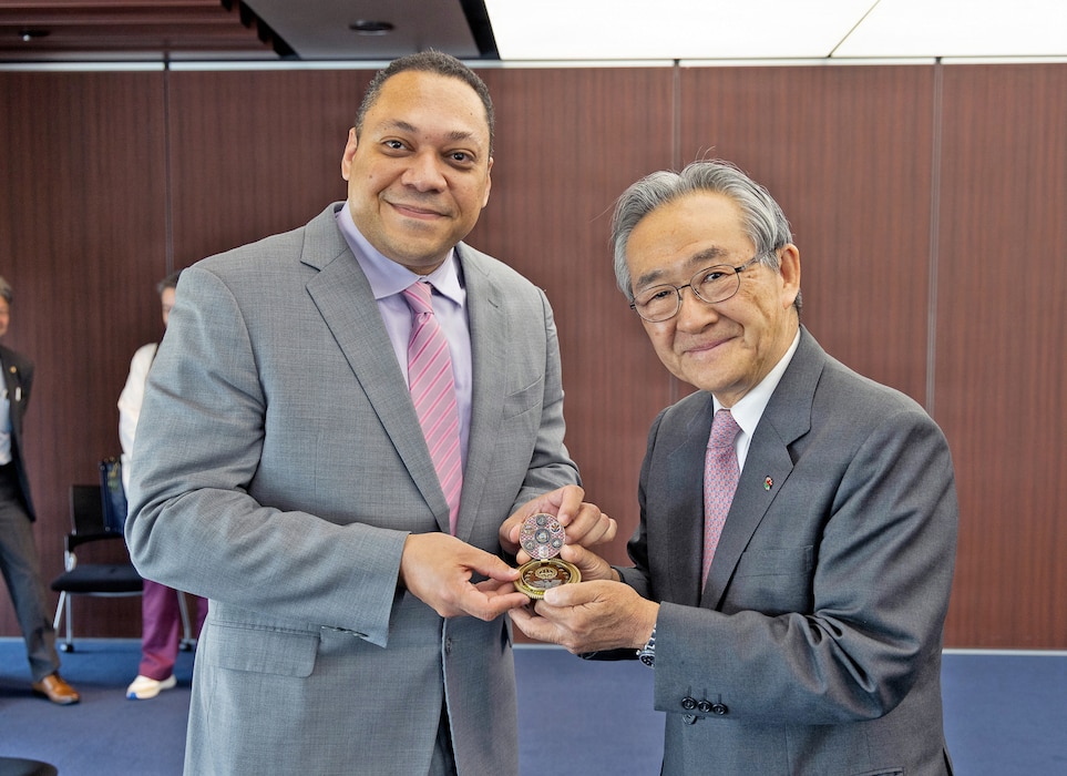 KAMAKURA, Japan (May 18, 2026) Capt. Torrin W. Velazquez, director of U.S. Naval Hospital (USNH) Yokosuka, and Dr. Shuzo Kobayashi, president and CEO of Shonan Kamakura General Hospital, display personal coins during a bilateral healthcare engagement. The engagement focused on healthcare coordination, regional medical collaboration and strengthening professional relationships between USNH Yokosuka and host-nation healthcare partners. (U.S. Navy photo by Daniel Taylor/U.S. Naval Hospital Yokosuka)