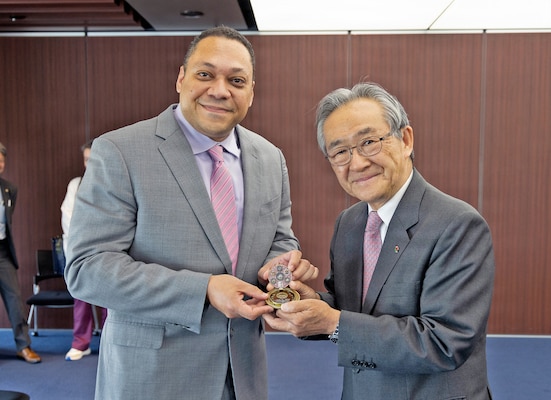 KAMAKURA, Japan (May 18, 2026) Capt. Torrin W. Velazquez, director of U.S. Naval Hospital (USNH) Yokosuka, and Dr. Shuzo Kobayashi, president and CEO of Shonan Kamakura General Hospital, display personal coins during a bilateral healthcare engagement. The engagement focused on healthcare coordination, regional medical collaboration and strengthening professional relationships between USNH Yokosuka and host-nation healthcare partners. (U.S. Navy photo by Daniel Taylor/U.S. Naval Hospital Yokosuka)