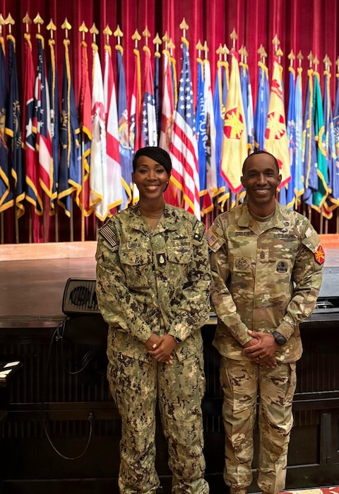 Twins, U.S. Navy Senior Chief Hospital Corpsman Vanessa Green, senior enlisted leader, education and training, Naval Medical Forces Development Command, and U.S. Army Environmental Command Command Sgt. Maj. Vincent Green pose for a photo, Dec. 5, 2025. For the first time in more than two decades, the siblings are serving together, just one mile apart, at Joint Base San Antonio-Fort Sam Houston. (Courtesy photo)
