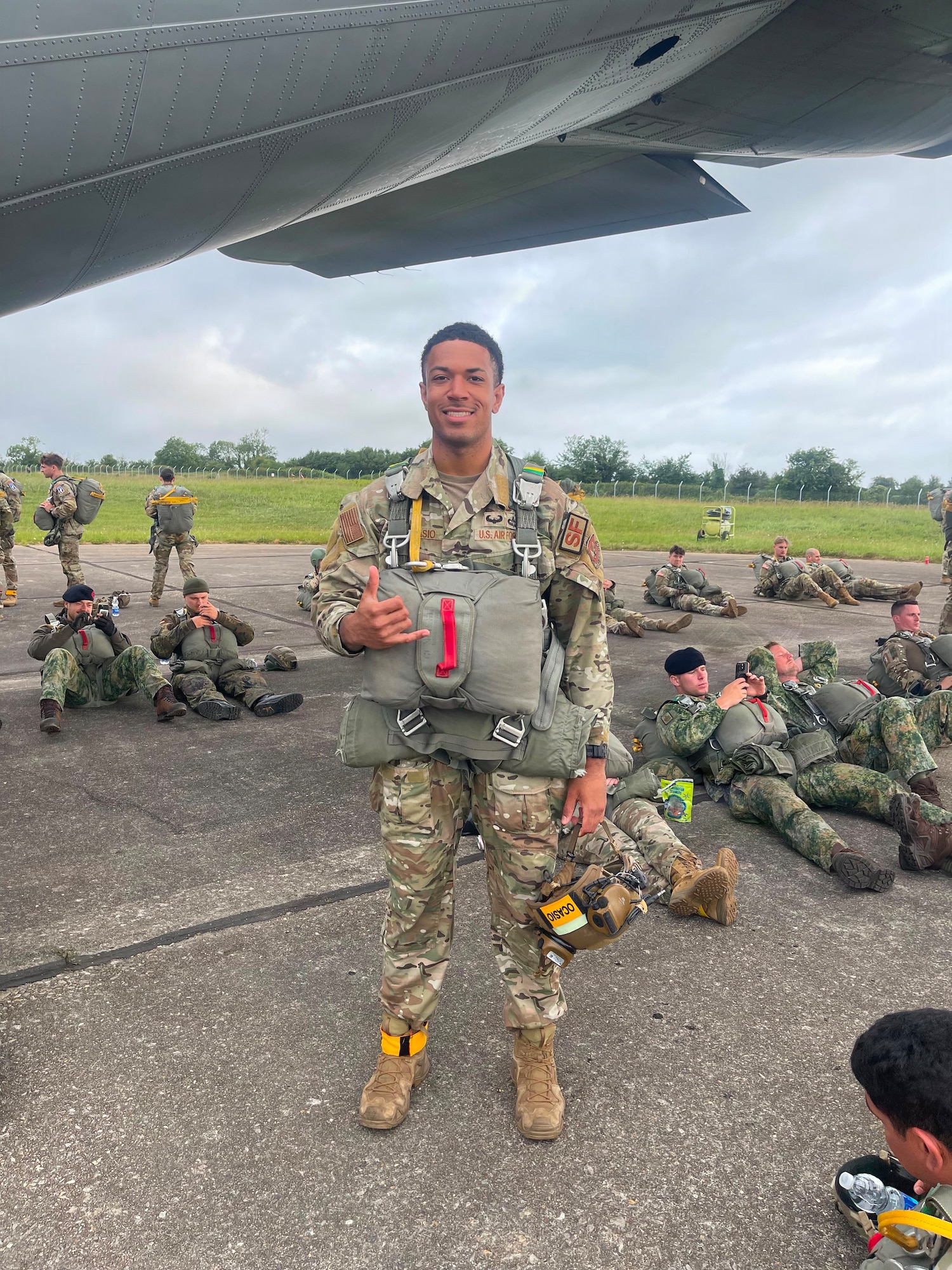 U.S. Air Force Staff Sgt. Nathan Ocasio, 435th Security Forces Squadron Contingency Response team lead, prepares for a jumpmaster mission