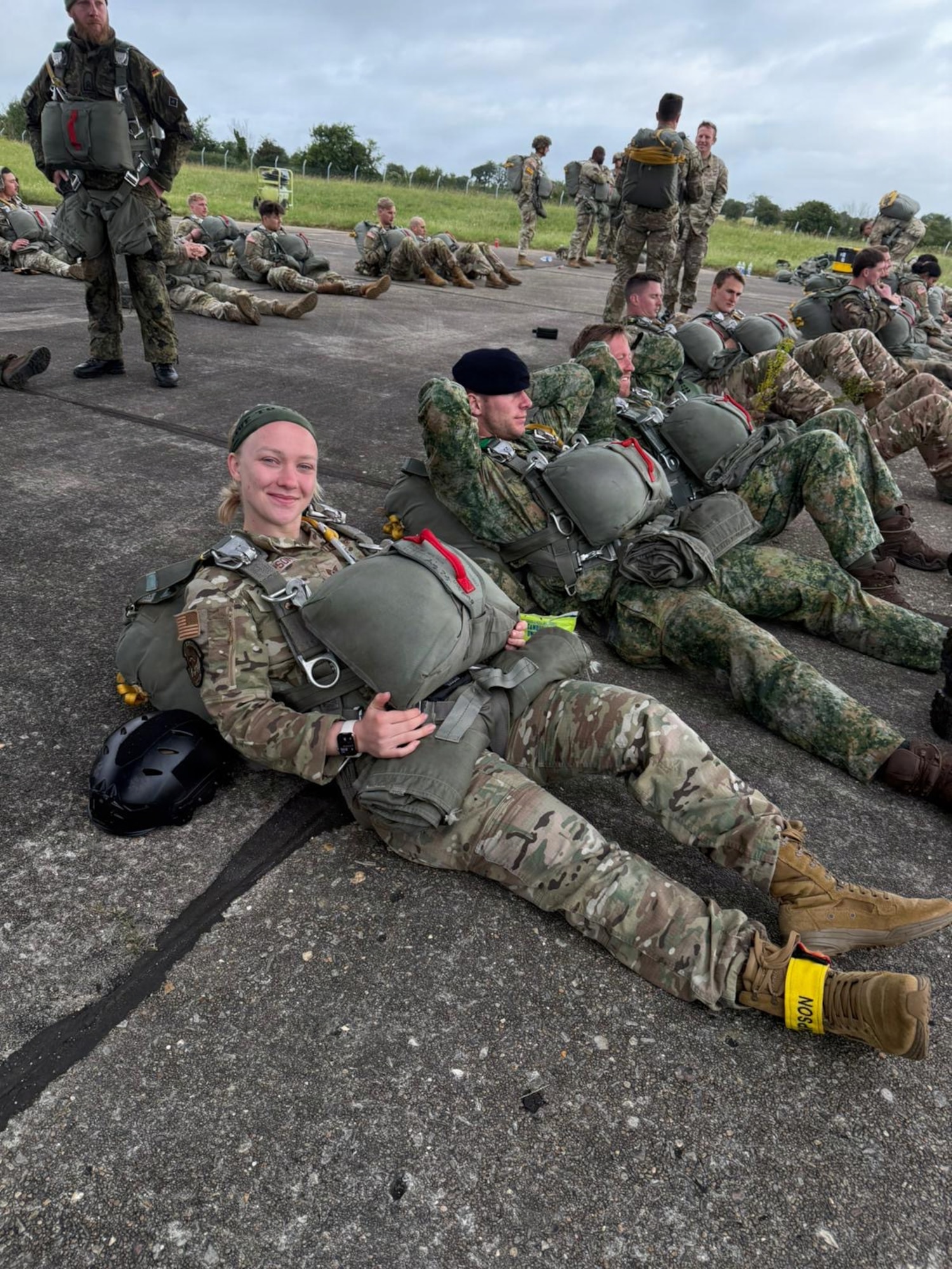 U.S. Air Force Staff Sgt. Amanda Thompson, 435th Security Forces Squadron Contingency Response team member, prepares for a jumpmaster mission at Cherbourg-Maupertuis