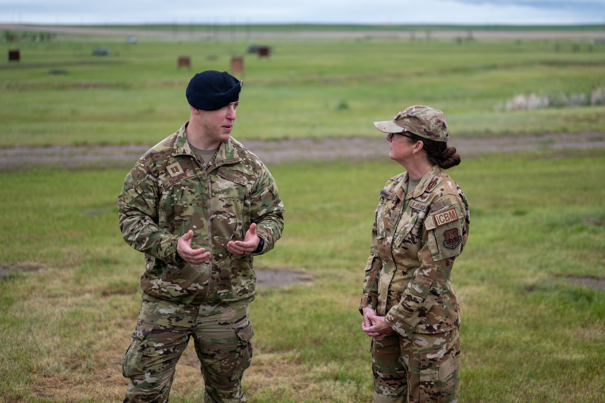 U.S. Air Force Capt. Nicholas Hauser, 341st Security Forces Squadron operations and training flight assistant operations officer, speaks with Maj. Gen. Stacy Jo Huser, 20th Air Force commander, at Malmstrom Air Force Base, Montana, June 2, 2026.