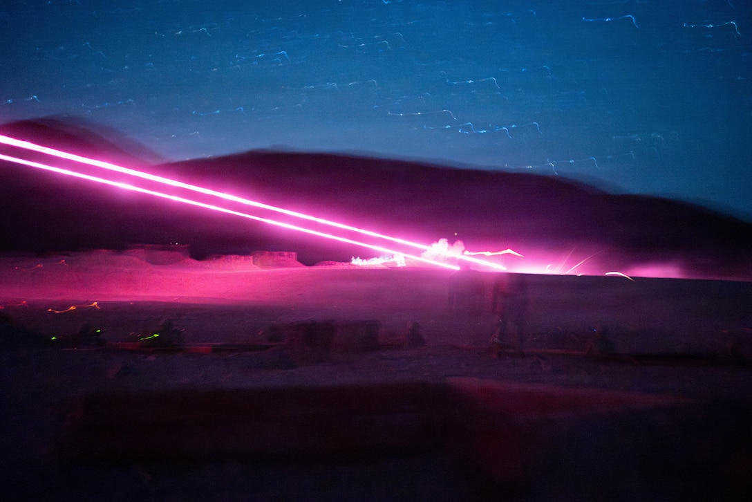 U.S. Marines with 1st Battalion, 24th Marines, 4th Marine Division, fire M240-B machine guns at simulated enemy fortifications during a live fire night platoon attack on Range 410 Alpha as part of Integrated Training Exercise 3-26, Marine Corps Air Ground Combat Center Twentynine Palms, California, June 7, 2026. ITX is designed to generate combat readiness and ensure the Reserve Component provides critical strategic depth to the Total Force. From complex combined arms maneuvers to all-domain integration, these Marines are proving that they are ready to augment, reinforce, and fight alongside the active component at a moment's notice. (U.S. Marine Corps photo by Cpl. Van Hoang)