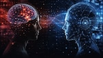 Digital illustration of a human profile with a glowing brain facing an AI-generated profile connected by network-like data streams and neural patterns.