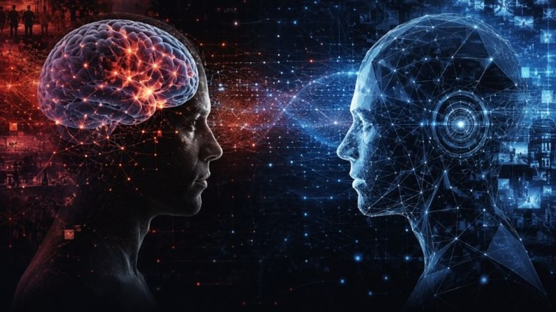Digital illustration of a human profile with a glowing brain facing an AI-generated profile connected by network-like data streams and neural patterns.