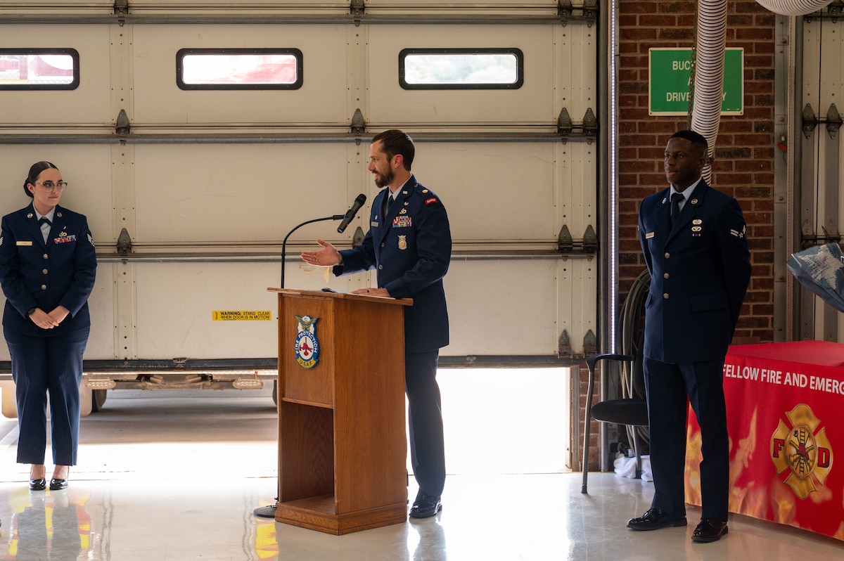 U.S. Air Force Maj. Nathan Jones, incoming 17th Civil Engineer Squadron commander, addresses attendees during his assumption of command ceremony at Goodfellow Air Force Base, Texas, May 29, 2026. The 17th CES welcomed Jones to their mission to build, sustain and safeguard the foundation of power projection through proactive engineering, planning and emergency services to forge tomorrow's joint warfighters today. (U.S. Air Force photo by Senior Airman James Salellas)
