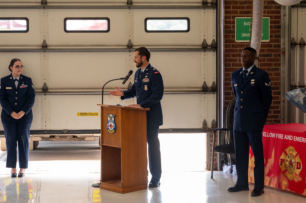 U.S. Air Force Maj. Nathan Jones, incoming 17th Civil Engineer Squadron commander, addresses attendees during his assumption of command ceremony at Goodfellow Air Force Base, Texas, May 29, 2026. The 17th CES welcomed Jones to their mission to build, sustain and safeguard the foundation of power projection through proactive engineering, planning and emergency services to forge tomorrow's joint warfighters today. (U.S. Air Force photo by Senior Airman James Salellas)
