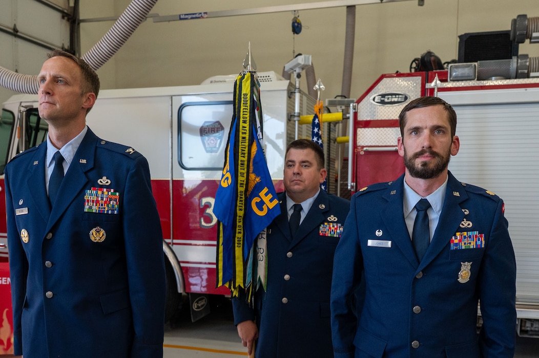 U.S. Air Force Maj. Nathan Jones, incoming 17th Civil Engineer Squadron commander, right, stands at attention alongside Col. Nathan Olsen, 17th Mission Support Group commander, during the 17th CES assumption of command ceremony at Goodfellow Air Force Base, Texas, May 29, 2026. The ceremony marked Jones' assumption of command of the 17th CES. (U.S. Air Force photo by Senior Airman James Salellas)