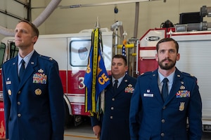 U.S. Air Force Maj. Nathan Jones, incoming 17th Civil Engineer Squadron commander, right, stands at attention alongside Col. Nathan Olsen, 17th Mission Support Group commander, during the 17th CES assumption of command ceremony at Goodfellow Air Force Base, Texas, May 29, 2026. The ceremony marked Jones' assumption of command of the 17th CES. (U.S. Air Force photo by Senior Airman James Salellas)