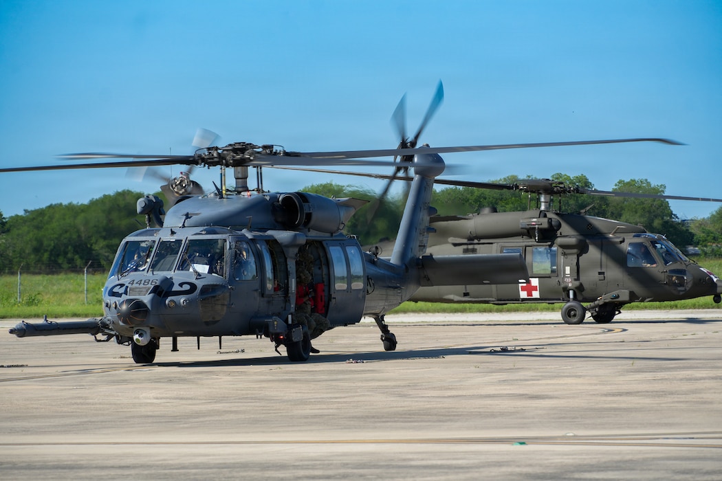 U.S. Air Force pararescuemen from the 41st Rescue Squadron and Texas Army National Guardsmen prepare to take off during a search and rescue exercise in San Antonio, Texas, May 19, 2026. SAREX is an annual exercise which is meant to prepare and train military personnel and local first responders for large-scale natural disasters. (U.S. Air Force photo by Staff Sgt. Derek Gutierrez)