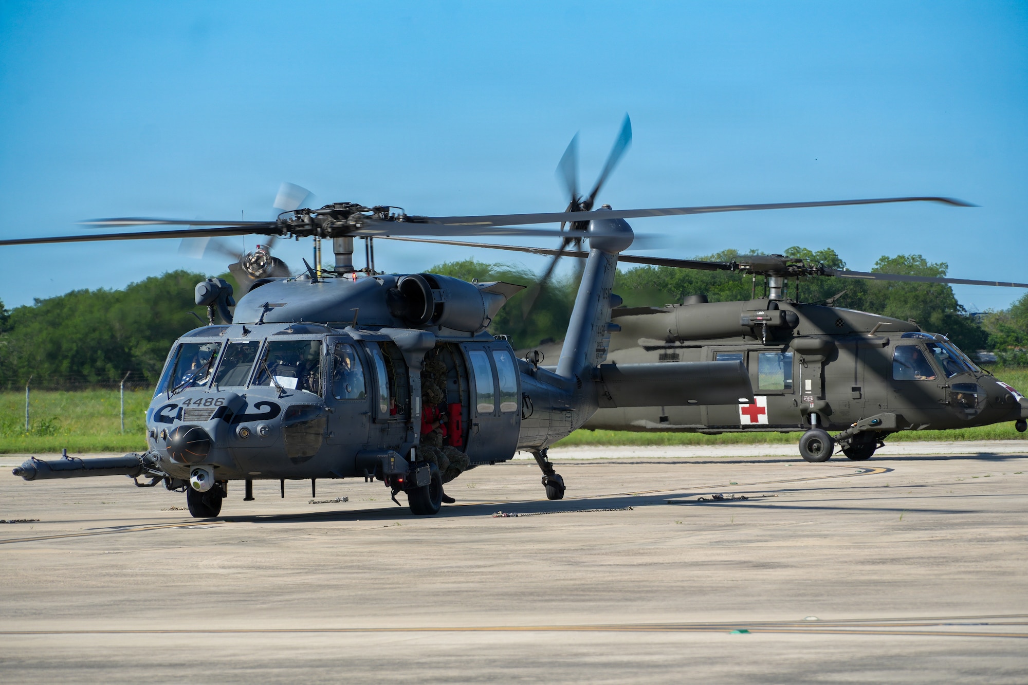 U.S. Air Force pararescuemen from the 41st Rescue Squadron and Texas Army National Guardsmen prepare to take off during a search and rescue exercise in San Antonio, Texas, May 19, 2026. SAREX is an annual exercise which is meant to prepare and train military personnel and local first responders for large-scale natural disasters. (U.S. Air Force photo by Staff Sgt. Derek Gutierrez)