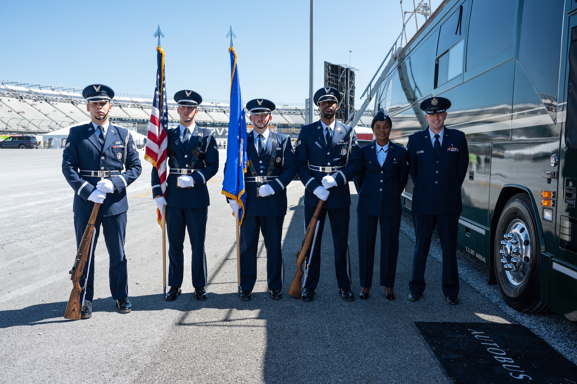 Members of the 436th Airlift Wing Honor Guard pose for a photo before presenting the colors during the NASCAR All-Star Race weekend at the Dover Motor Speedway in Dover, Delaware, May 16, 2026.