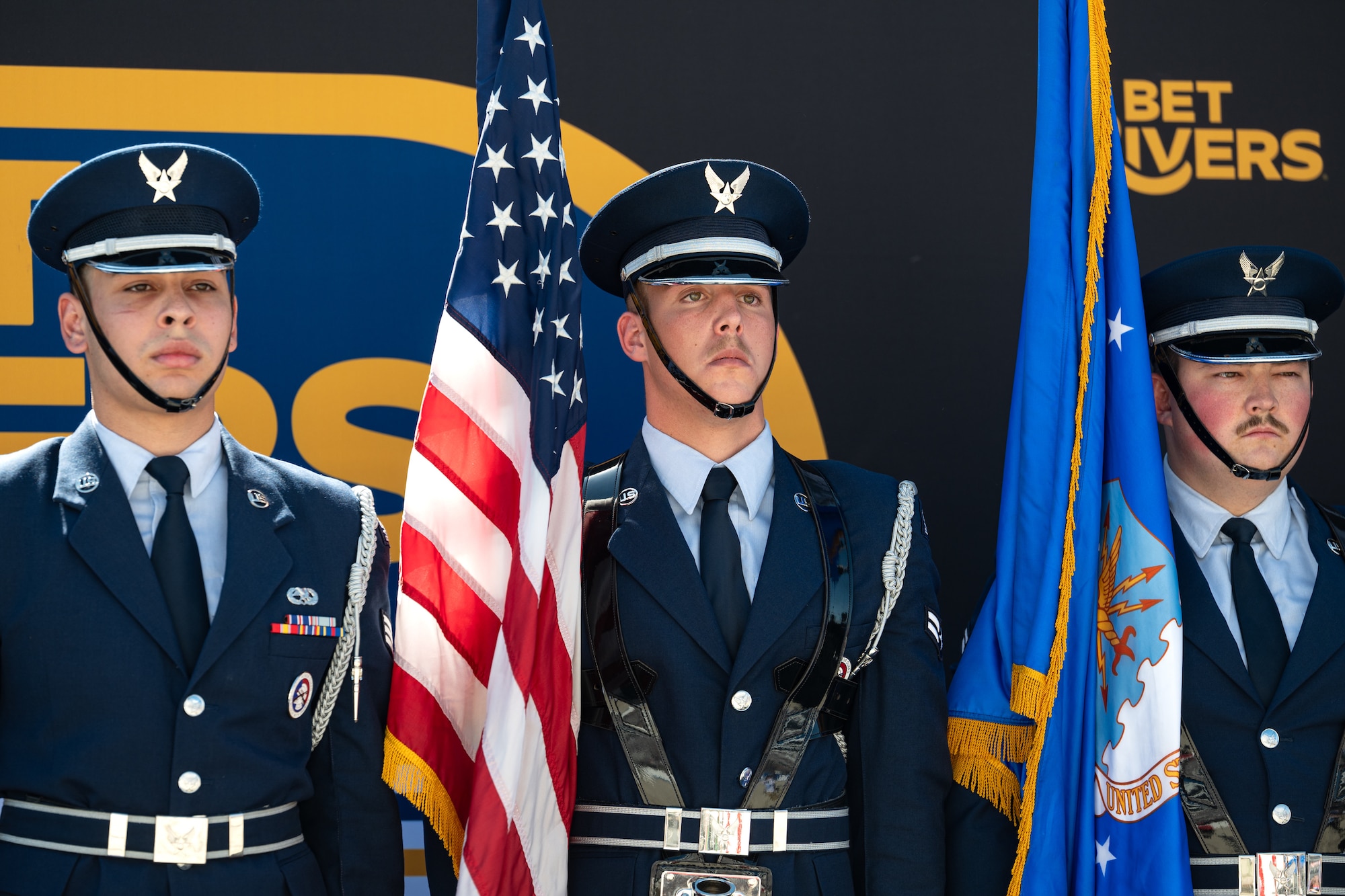 436th Airlift Wing Honor Guard members stand at attention during the invocation for the NASCAR All-Star Race weekend at the Dover Motor Speedway in Dover, Delaware, May 16, 2026.