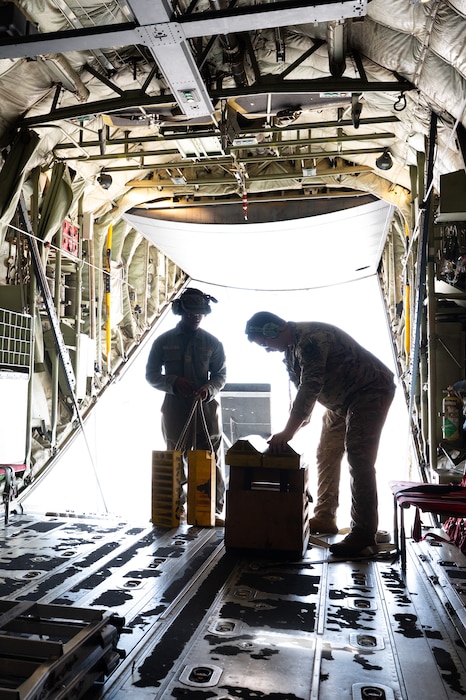 Loadmasters assigned to the 40th Airlift Squadron secure chalks before takeoff on a C-130J Super Hercules assigned to the 317th Airlift Wing, Dyess Air Force Base, Texas, May 29, 2026.