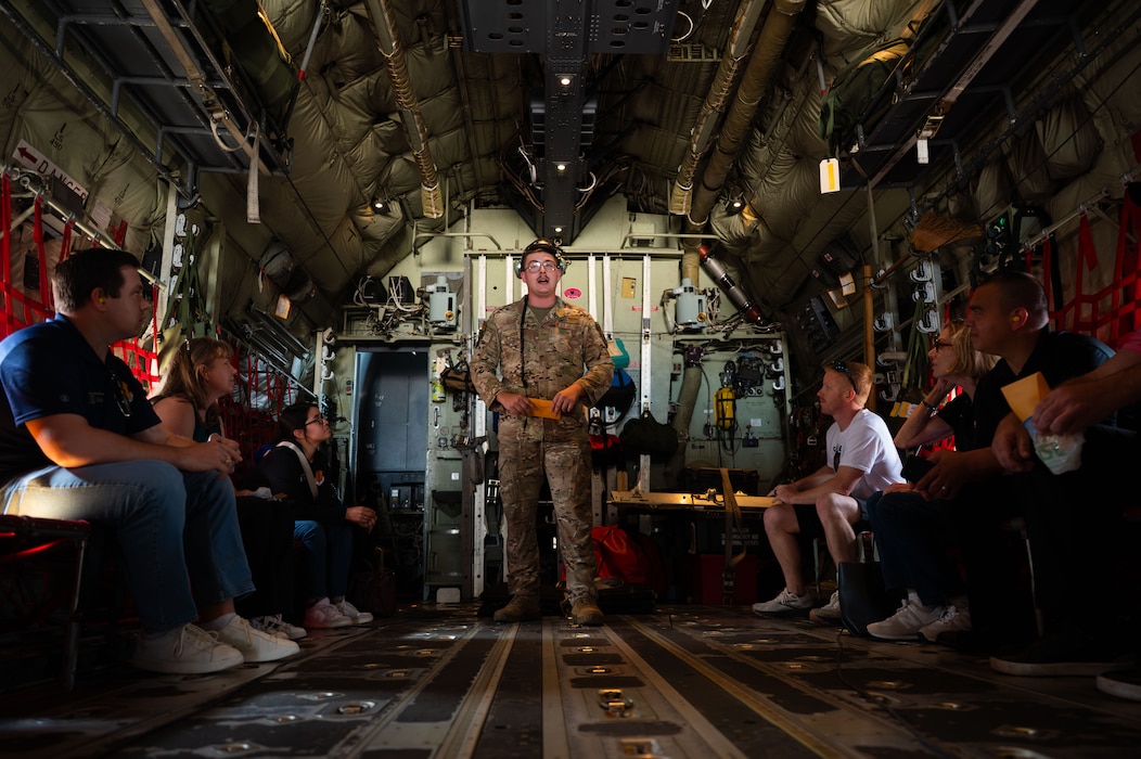 U.S. Air Force Senior Airman Dakota Fox, 40th Airlift Squadron loadmaster, gives honorary commanders a safety briefing before takeoff on a C-130J Super Hercules assigned to the 317th Airlift Wing, Dyess Air Force Base, Texas, May 29, 2026.