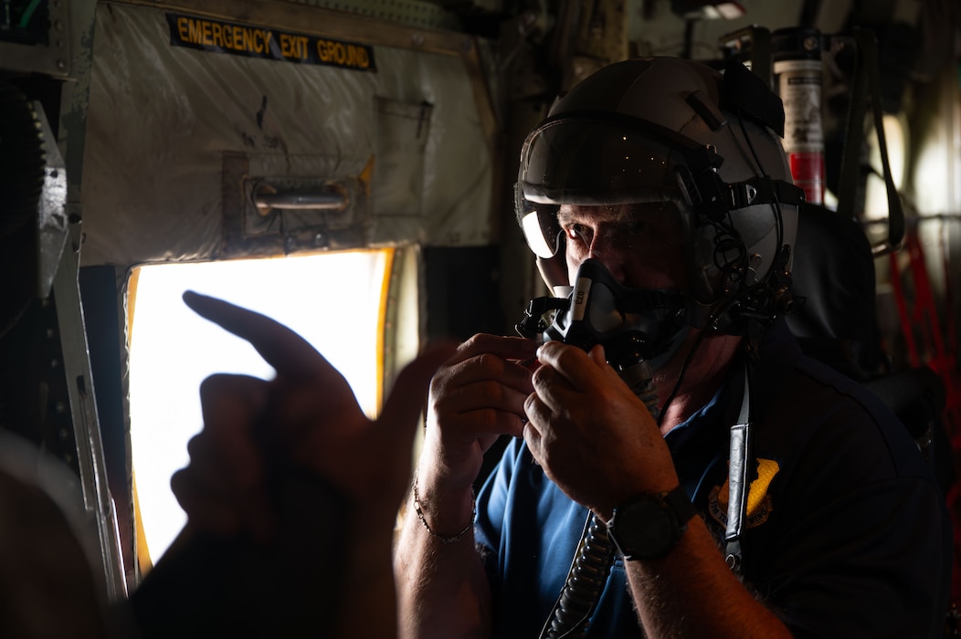 San Angelo Major Tom Thompson, Goodfellow Air Force Base honorary commander, experiences an air crew member's procedures during a takeoff on a C-130J Super Hercules assigned to the 317th Airlift Wing, Dyess Air Force Base, Texas, May 29, 2026.