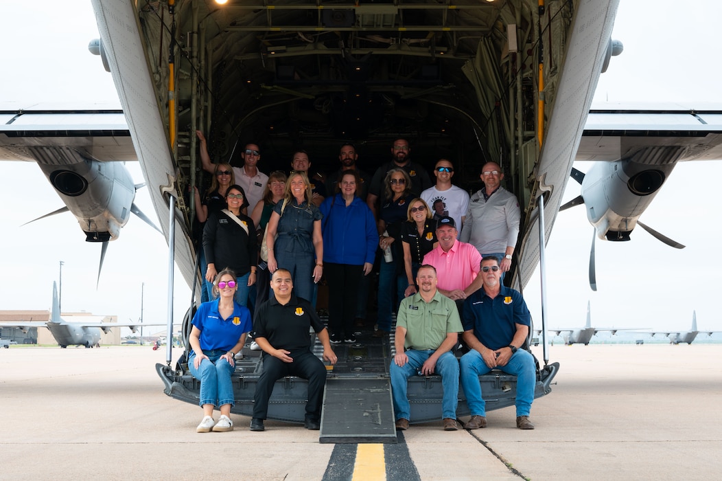 Goodfellow Air Force Base's honorary commanders pose for a picture on a C-130J Super Hercules assigned to the 317th Airlift Wing, Dyess Air Force Base, Texas, May 29, 2026.