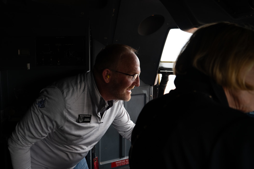 Michael Kalnbach, 17th Training Wing honorary commander, looks out the cockpit window of a C-130J Super Hercules during an incentive flight at Dyess Air Force Base, Texas, May 29, 2026.