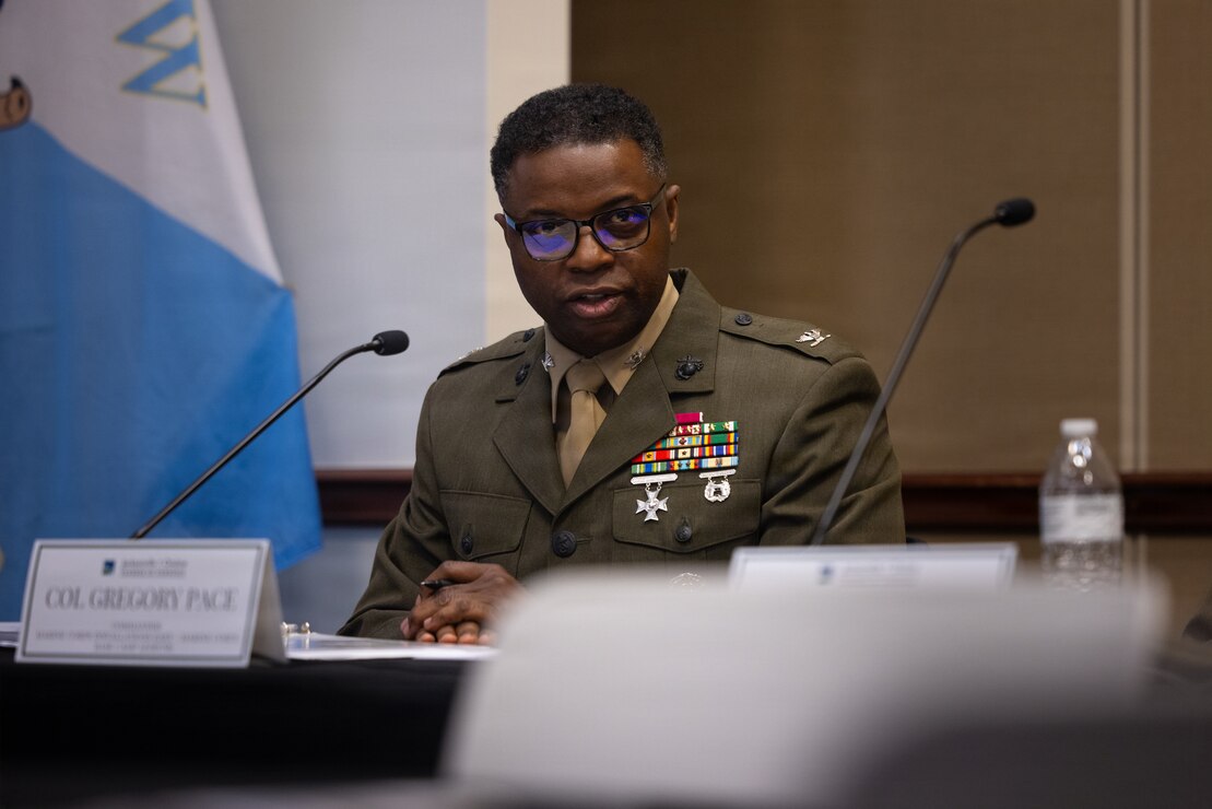 U.S. Marine Corps Col. Gregory Pace, commanding officer, Marine Corps Installations East-Marine Corps Base Camp Lejeune, speaks about installations goals during the 2026 State of the Community Luncheon at the Onslow County Government Center, in Jacksonville, North Carolina, June 4, 2026. This event highlighted the importance of collaboration between military, local government, businesses and community organizations. (U.S. Marine Corps Photo by Cpl. Jessica J. Mazzamuto)