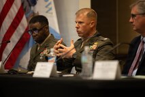 U.S. Marine Corps Col. Thomas C. Farrington II, center, commanding officer, Marine Corps Air Station New River, speaks about the MCAS New River’s recent energy exercise during the 2026 State of the Community Luncheon at the Onslow County Government Center, in Jacksonville, North Carolina, June 4, 2026. This event highlighted the importance of collaboration between military, local government, businesses and community organizations. (U.S. Marine Corps Photo by Cpl. Jessica J. Mazzamuto)