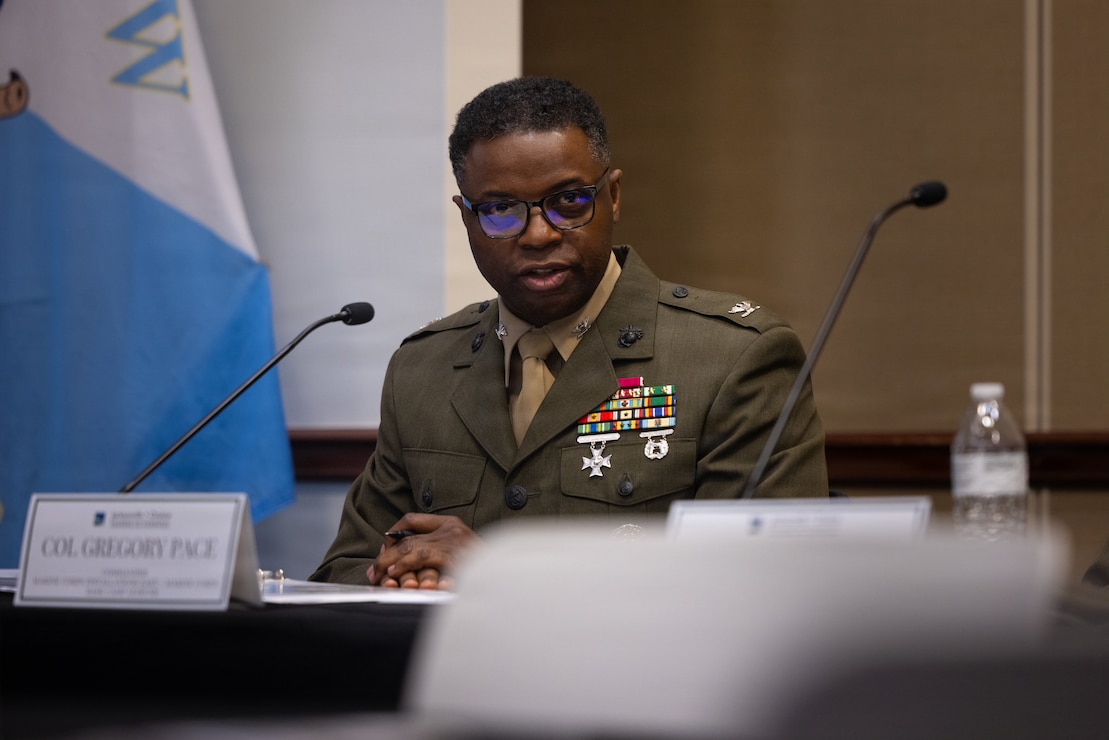 U.S. Marine Corps Col. Gregory Pace, commanding officer, Marine Corps Installations East-Marine Corps Base Camp Lejeune, speaks about installations goals during the 2026 State of the Community Luncheon at the Onslow County Government Center, in Jacksonville, North Carolina, June 4, 2026. This event highlighted the importance of collaboration between military, local government, businesses and community organizations. (U.S. Marine Corps Photo by Cpl. Jessica J. Mazzamuto)
