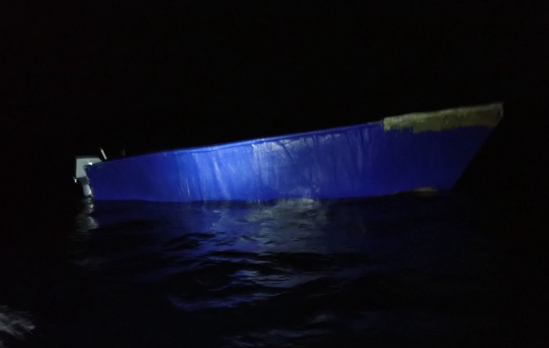 An empty makeshift vessel following Coast Guard Cutter Heriberto Hernandez's interdiction of 40 aliens during an unlawful maritime migration voyage off Desecheo, Puerto Rico, June 6, 2026.  Cutter Heriberto Hernandez's crew repatriated at sea 32 aliens from this voyage to a Dominican Republic Navy vessel June 7, 2026. (U.S. Coast Guard photo).