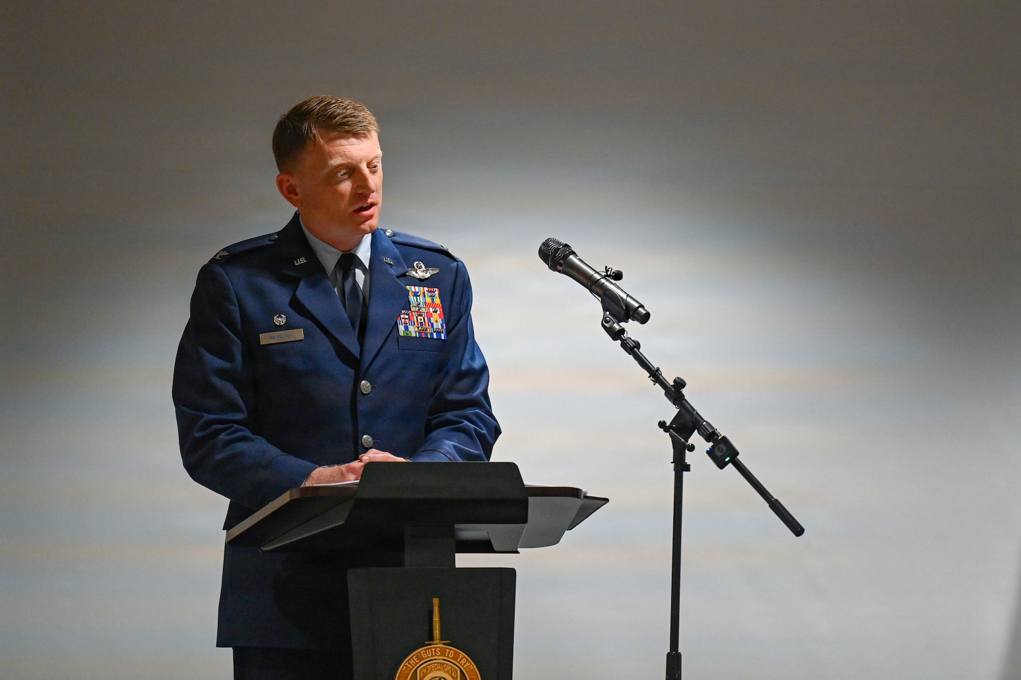 Col. Mark Hamilton, 1st Special Operations Wing commander, speaks during a change of responsibility ceremony at Hurlburt Field, Florida, June 5, 2026.